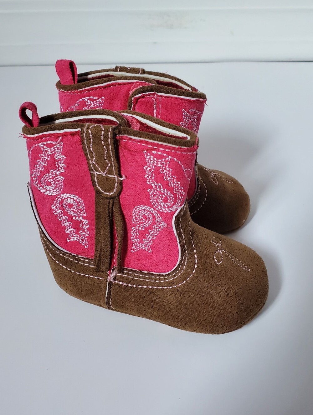 Rising Star Brown and Pink Suede Baby's Soft Western Cowboy Boots Sz 3-6M